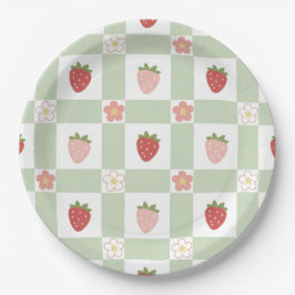 Cute Strawberry Gingham Pastel Green 1st Birthday Papieren Bordje