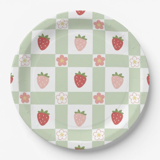 Cute Strawberry Gingham Pastel Green 1st Birthday Papieren Bordje (Voorkant)