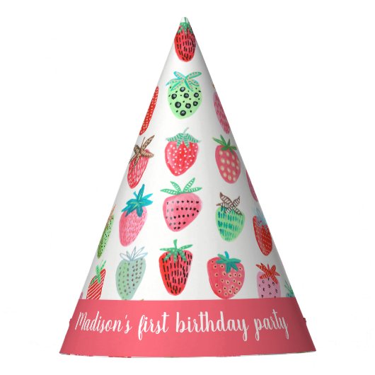 Cute Strawberry Girl First Birthday roze Party Pet Feesthoedjes (Voorkant)