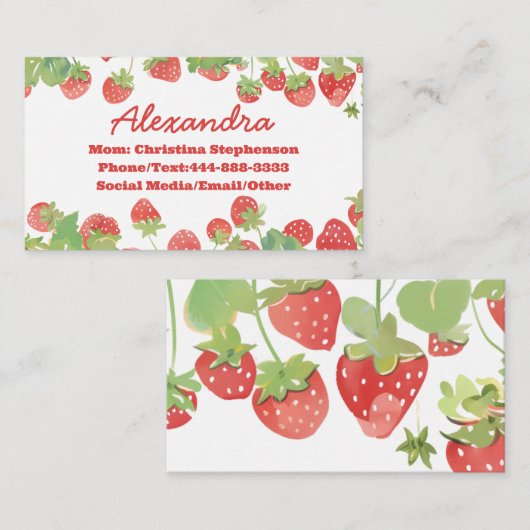Cute Strawberry Kids Girls Name Play Date Calling Visitekaartje (Voorkant / Achterkant)