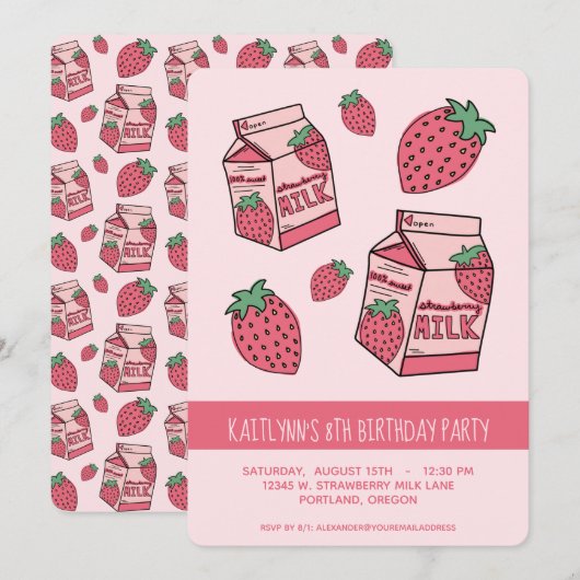 Cute Strawberry Milk Birthday Party Kaart (Voorkant / Achterkant)