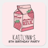 Cute Strawberry Milk Birthday Party Vierkante Sticker (Voorkant)