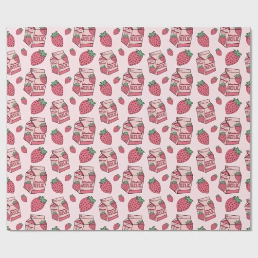 Cute Strawberry Milk Roze Pattern Cadeaupapier (Vlak)