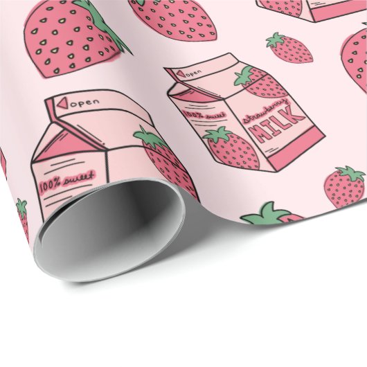 Cute Strawberry Milk Roze Pattern Cadeaupapier (Rol Hoek)