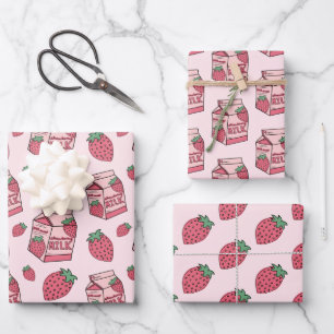 Cute Strawberry Milk Roze Pattern Inpakpapier Vel