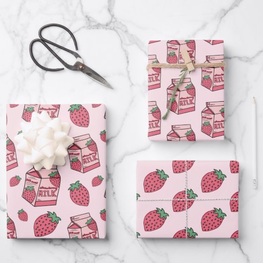 Cute Strawberry Milk Roze Pattern Inpakpapier Vel (Voorkant)