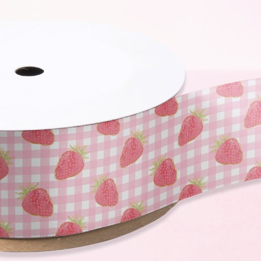 Cute Strawberry Pink Gingham Play Satijnen Lint