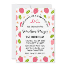 Cute Strawberry Pink Girls 1st Birthday Invitation