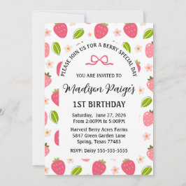 Cute Strawberry Pink Girls 1st Birthday Invitation Kaart