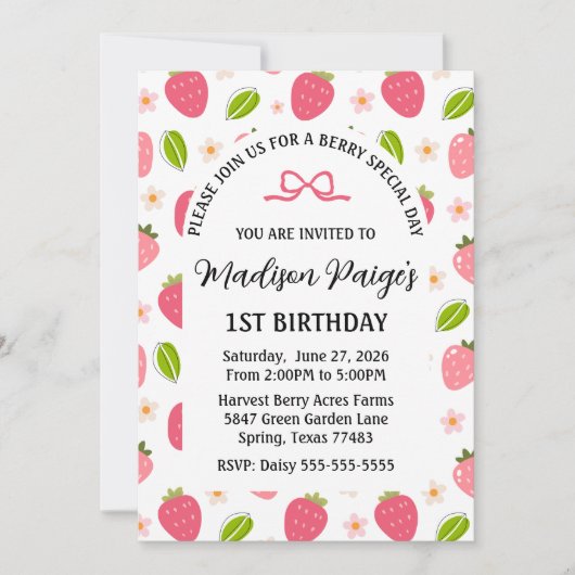 Cute Strawberry Pink Girls 1st Birthday Invitation Kaart (Voorkant)
