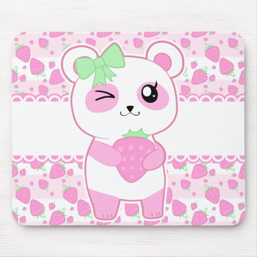 Cute Strawberry roze Kawaii Panda beer Muismat (Voorkant)