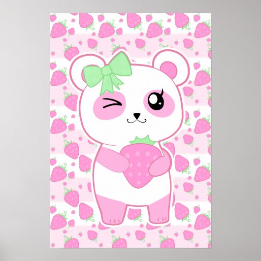 Cute Strawberry roze Kawaii Panda beer Poster (Voorkant)