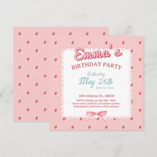 Cute Strawberry Square Invitation Kaart (Voorkant / Achterkant)