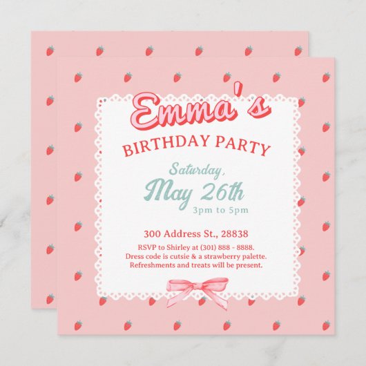 Cute Strawberry Square Invitation Kaart (Voorkant / Achterkant)