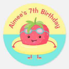 Cute Strawberry Swimmer Birthday Ronde Sticker