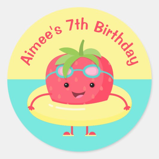 Cute Strawberry Swimmer Birthday Ronde Sticker (Voorkant)