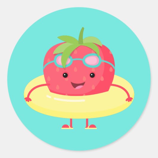 Cute Strawberry Swimmer Ronde Sticker (Voorkant)