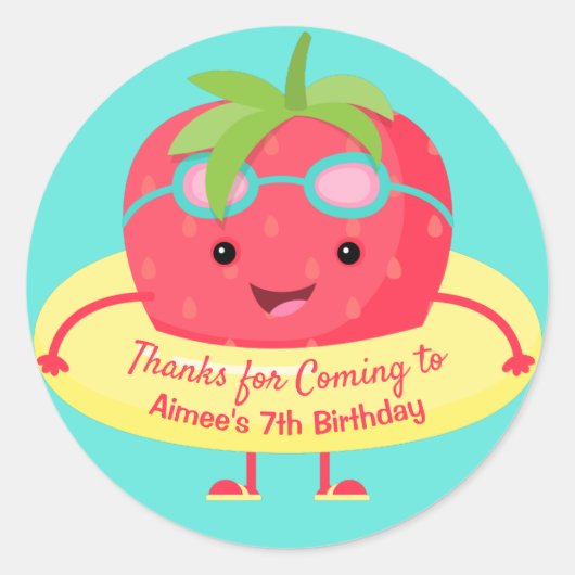 Cute Strawberry Swimmer Ronde Sticker (Voorkant)