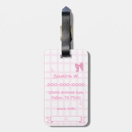 Cute strik lint roze geruit bagagelabel (Achterkant verticaal)