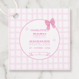 Cute strik roze geruite baby shower vierkant bedankjes labels