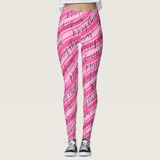 Cute Stripe Candy Cane roze kerst Leggings (Voorkant)