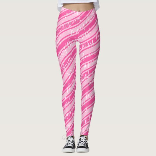 Cute Stripe Candy Cane White Roze kerst Leggings (Voorkant)