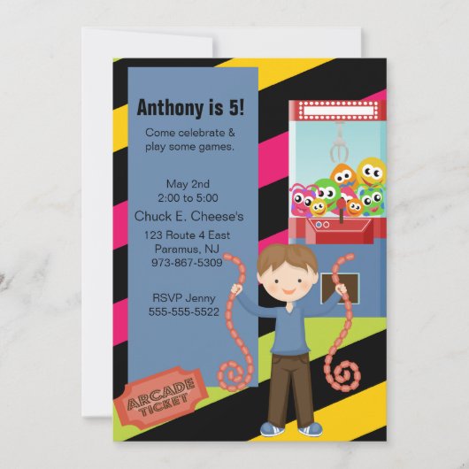 Cute, Striped, Arcade Birthday Boyl Invitation Kaart (Voorkant)
