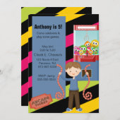 Cute, Striped, Arcade Birthday Boyl Invitation Kaart (Voorkant / Achterkant)