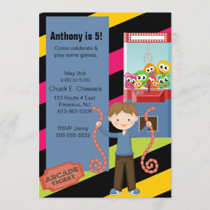 Cute, Striped, Arcade Birthday Boyl Invitation Kaart