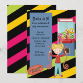 Cute, Striped, Arcade Birthday Girl Invitation Kaart (Voorkant / Achterkant)