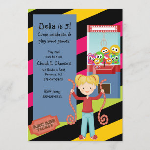 Cute, Striped, Arcade Birthday Girl Invitation Kaart