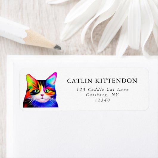 Cute Striped Multicolored Rainbow Cat Typography Etiket (Insitu)