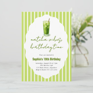 Cute Stripes Wavy Matcha 19th Birthday Party Kaart