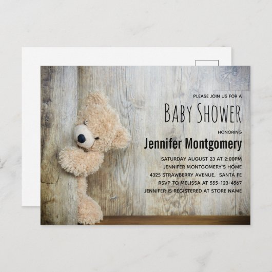 Cute Stuffed Beer Rustic Wood Backdrop Baby shower Uitnodiging Briefkaart (Voorkant / Achterkant)