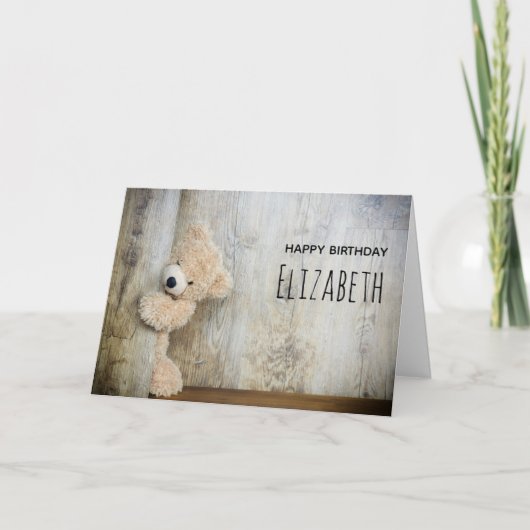 Cute Stuffed Beer Rustic Wooden Backdrop Birthday Kaart (Voorkant)