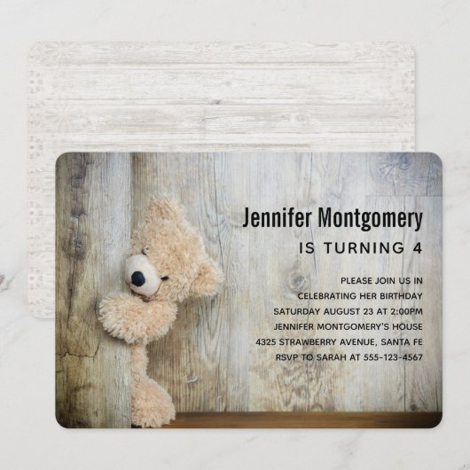 Cute Stuffed Beer Rustic Wooden Backdrop Birthday Kaart (Voorkant / Achterkant)