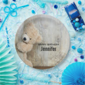 Cute Stuffed Beer Rustic Wooden Backdrop Birthday Papieren Bordje (Feest)