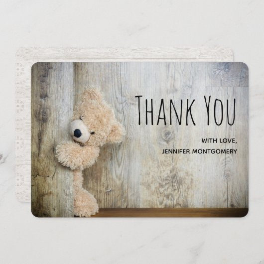 Cute Stuffed Beer Rustic Wooden Backdrop Dank u Bedankkaart (Voorkant / Achterkant)