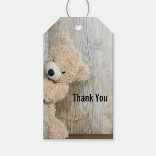Cute Stuffed Beer Rustic Wooden Backdrop Dank u Cadeaulabel (Voorkant)