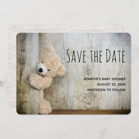 Cute Stuffed Beer Rustic Wooden Backdrop Save The Date (Voorkant / Achterkant)