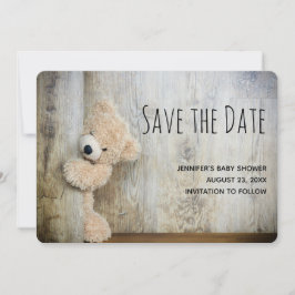 Cute Stuffed Beer Rustic Wooden Backdrop Save The Date