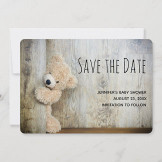 Cute Stuffed Beer Rustic Wooden Backdrop Save The Date