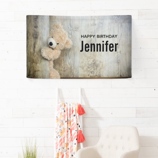 Cute Stuffed Beer Rustic Wooden Wall Birthday Spandoek (Insitu)