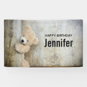 Cute Stuffed Beer Rustic Wooden Wall Birthday Spandoek (Horizontaal)