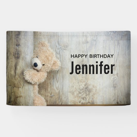 Cute Stuffed Beer Rustic Wooden Wall Birthday Spandoek (Horizontaal)