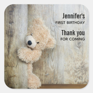 Cute Stuffed Beer Rustic Wooden Wall Birthday Vierkante Sticker