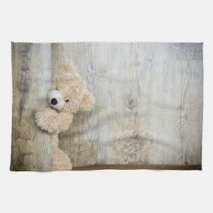 Cute stuffed Beer Rustic Wooden Wall Theedoek