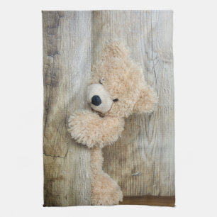 Cute stuffed Beer Rustic Wooden Wall Theedoek