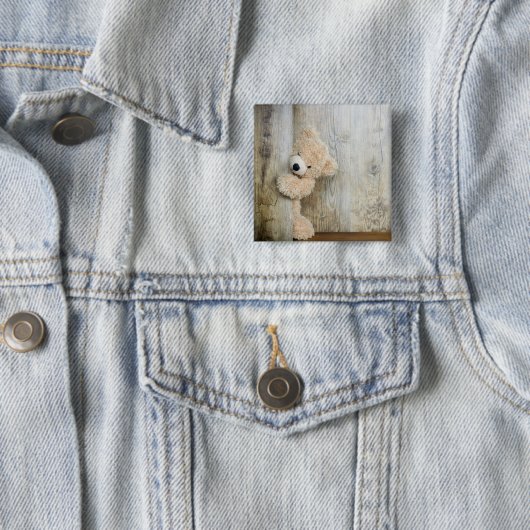 Cute stuffed Beer Rustic Wooden Wall Vierkante Button 5,1 Cm (In situ)