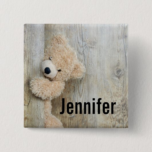 Cute stuffed Beer Rustic Wooden Wall Vierkante Button 5,1 Cm (Voorkant)